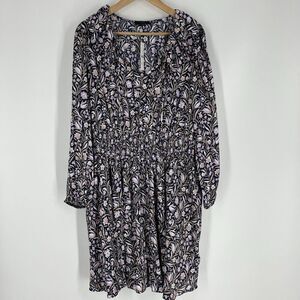 J Crew Dress Size Large Navy Purple Smocked Waist Floral Fields Mini V Neck